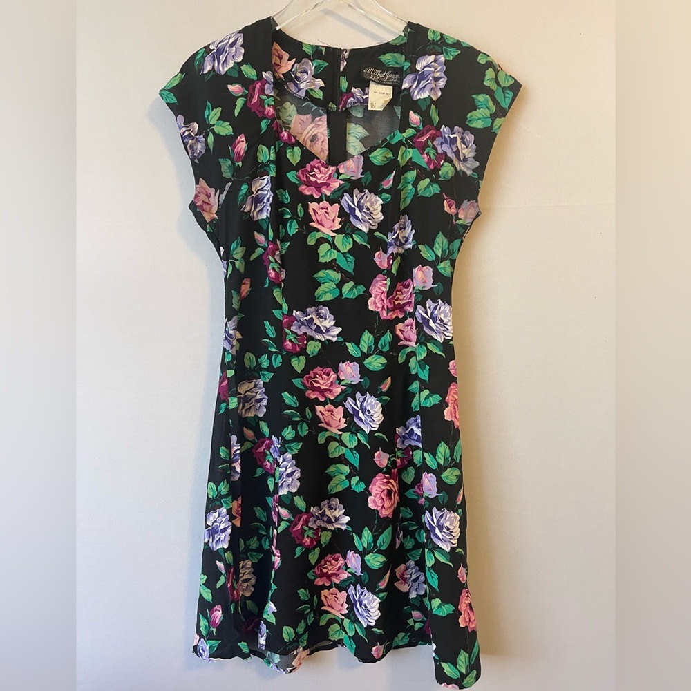90s Floral Rayon Sweetheart Neck Skater Dress 10